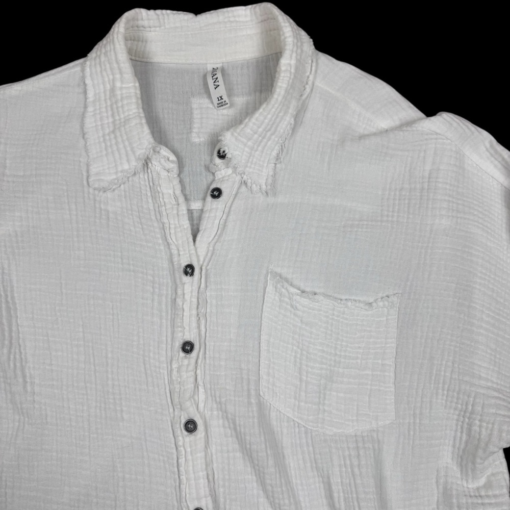 Zenana Double Gauze Oversized White Super Soft Button Down Shirt Raw Hem 1X - Picture 5 of 8
